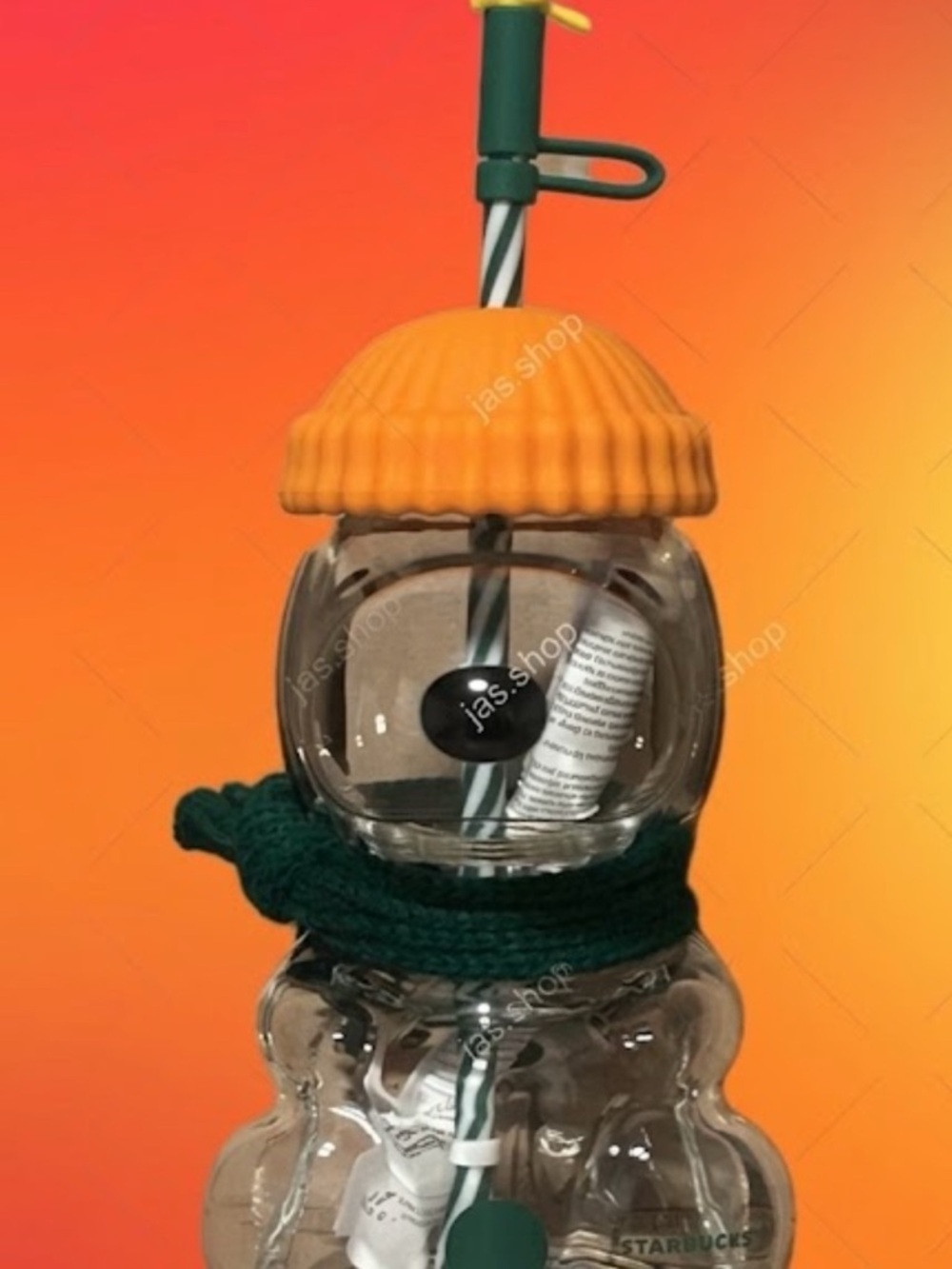 Starbucks Clear Bear Bottle with Orange Cap and Green Trim
